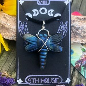 Flash Labradorite Dragonfly Crystal Carved Pendant Necklace